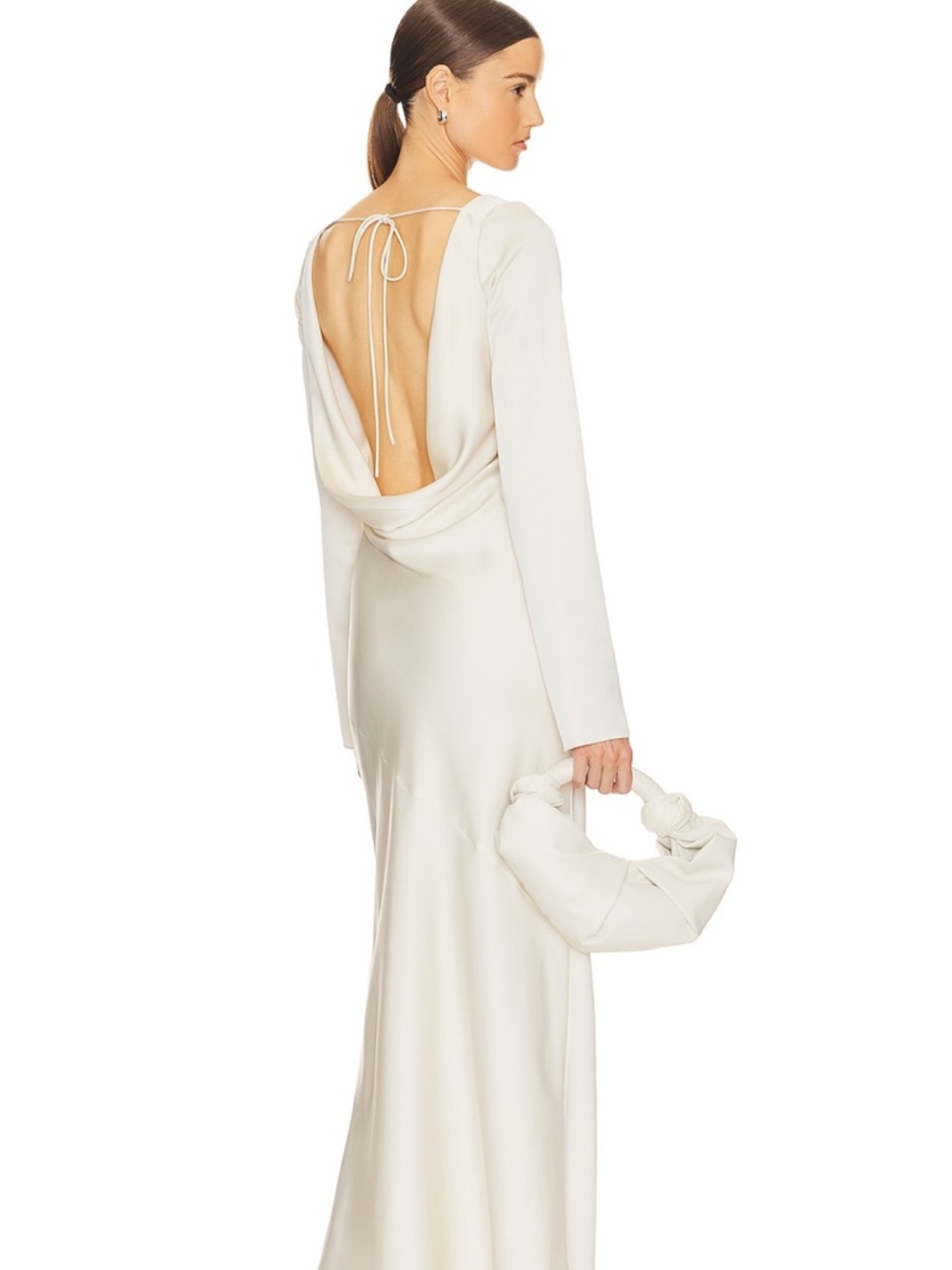 Backless Ivory Long-Sleeve Satin Gown with Draped Cowl